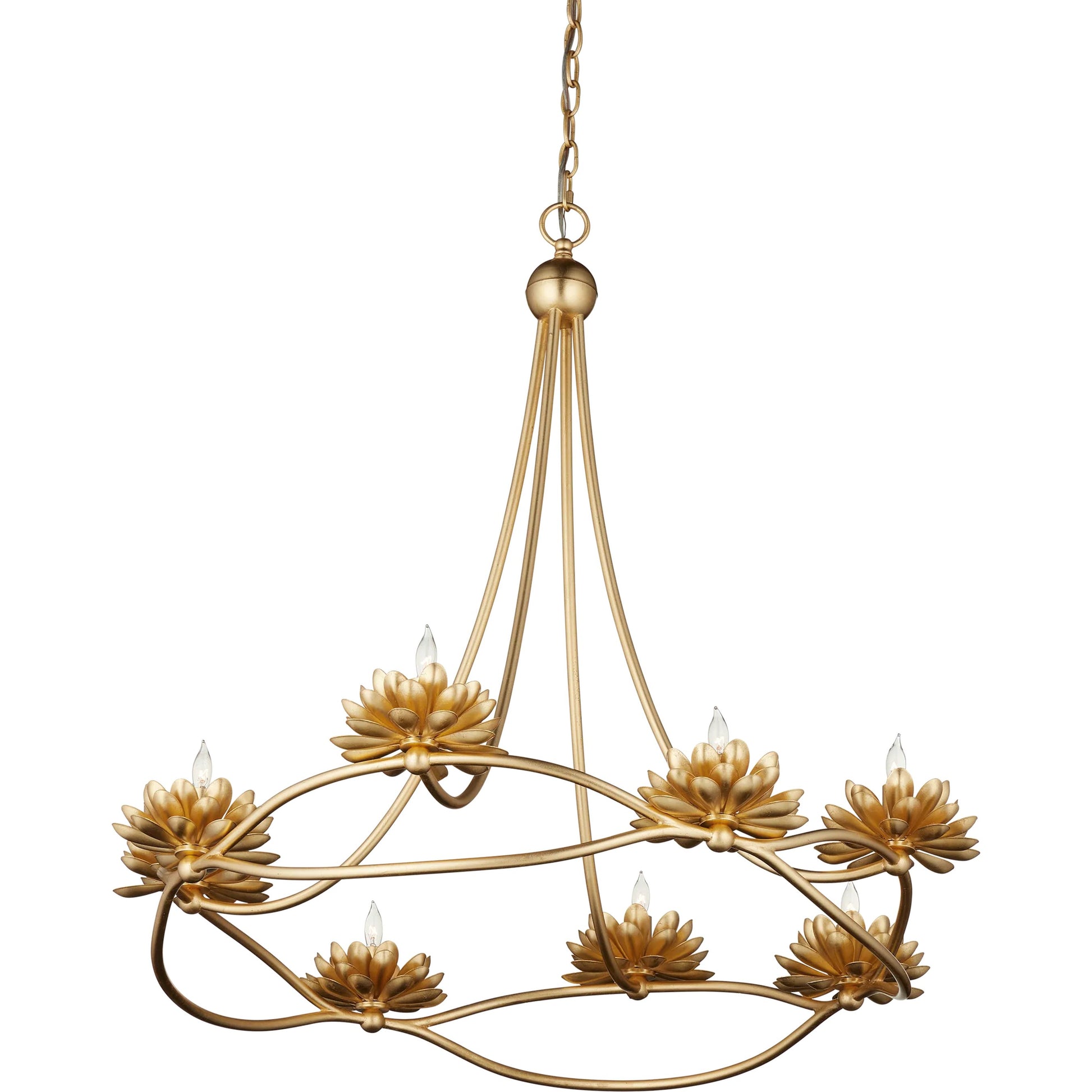 Cyrene Chandelier by Currey and Company in gold leaf. Made from wrought iron in a modern style.