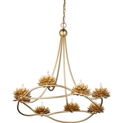 Cyrene Chandelier by Currey and Company in gold leaf. Made from wrought iron in a modern style.