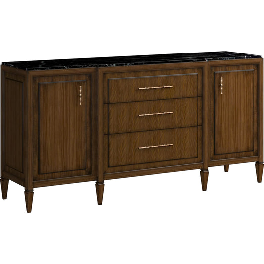 Eave Credenza by A.R.T. Furniture in hazelnut. Made from poplar, parawood solids, walnut veneer in a unique style.