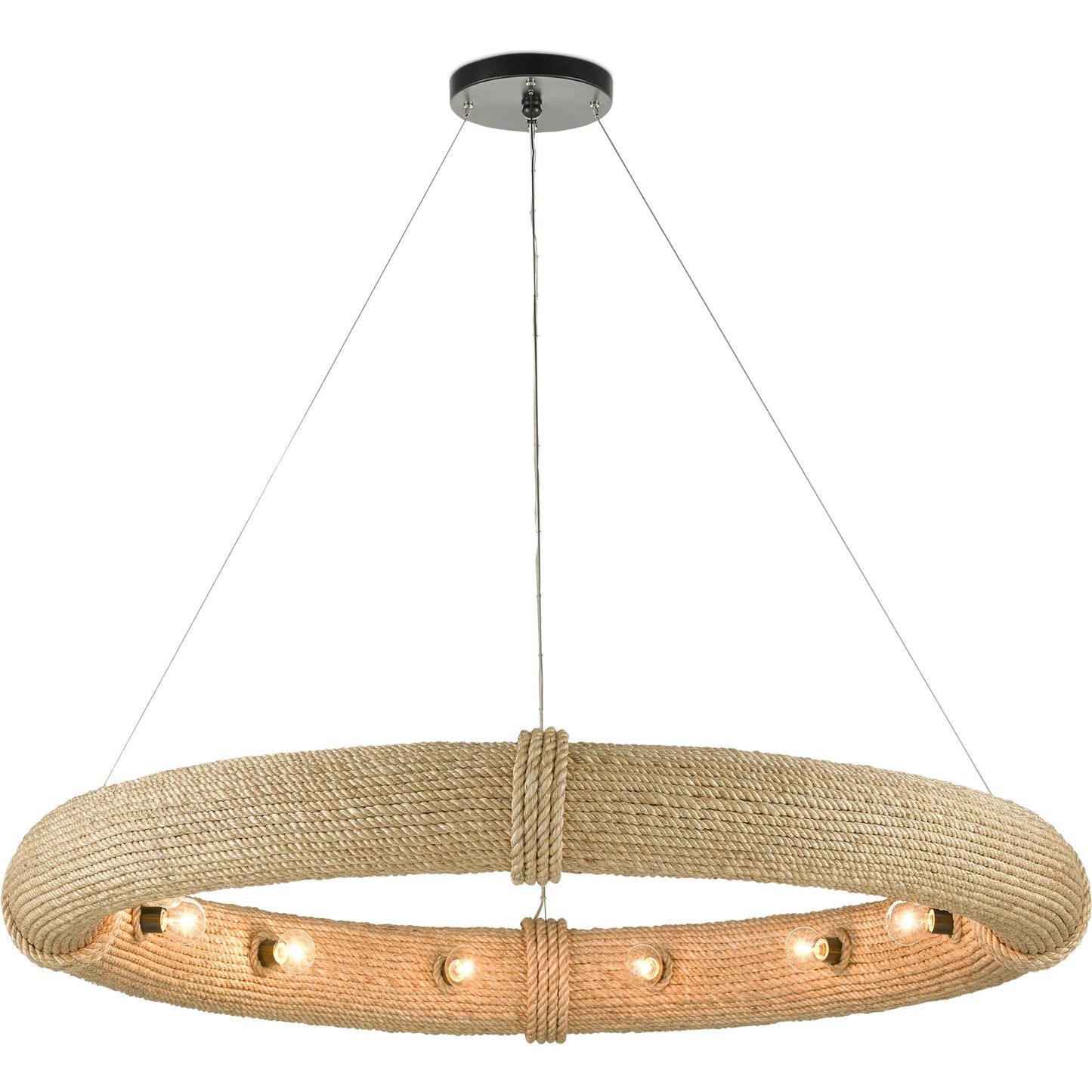 007 SI-1894491 | Additional Silo | Portmeirion Chandelier by Currey and Company in satin black, abaca rope. Made from wrought iron, abaca rope in a coastal style.