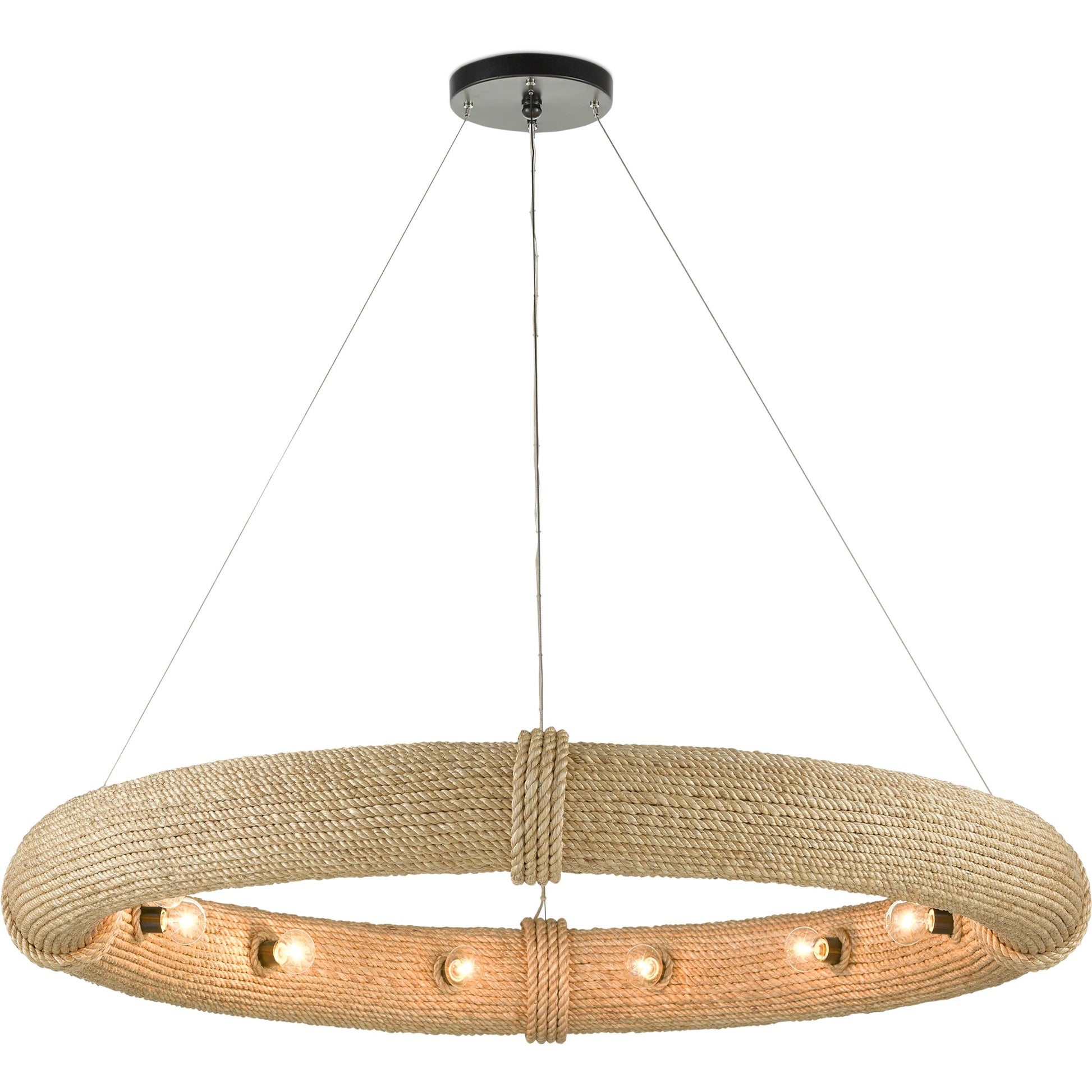 Portmeirion Chandelier by Currey and Company in satin black, abaca rope. Made from wrought iron, abaca rope in a coastal style.