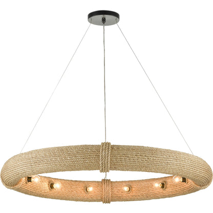 Portmeirion Chandelier by Currey and Company in satin black, abaca rope. Made from wrought iron, abaca rope in a coastal style.