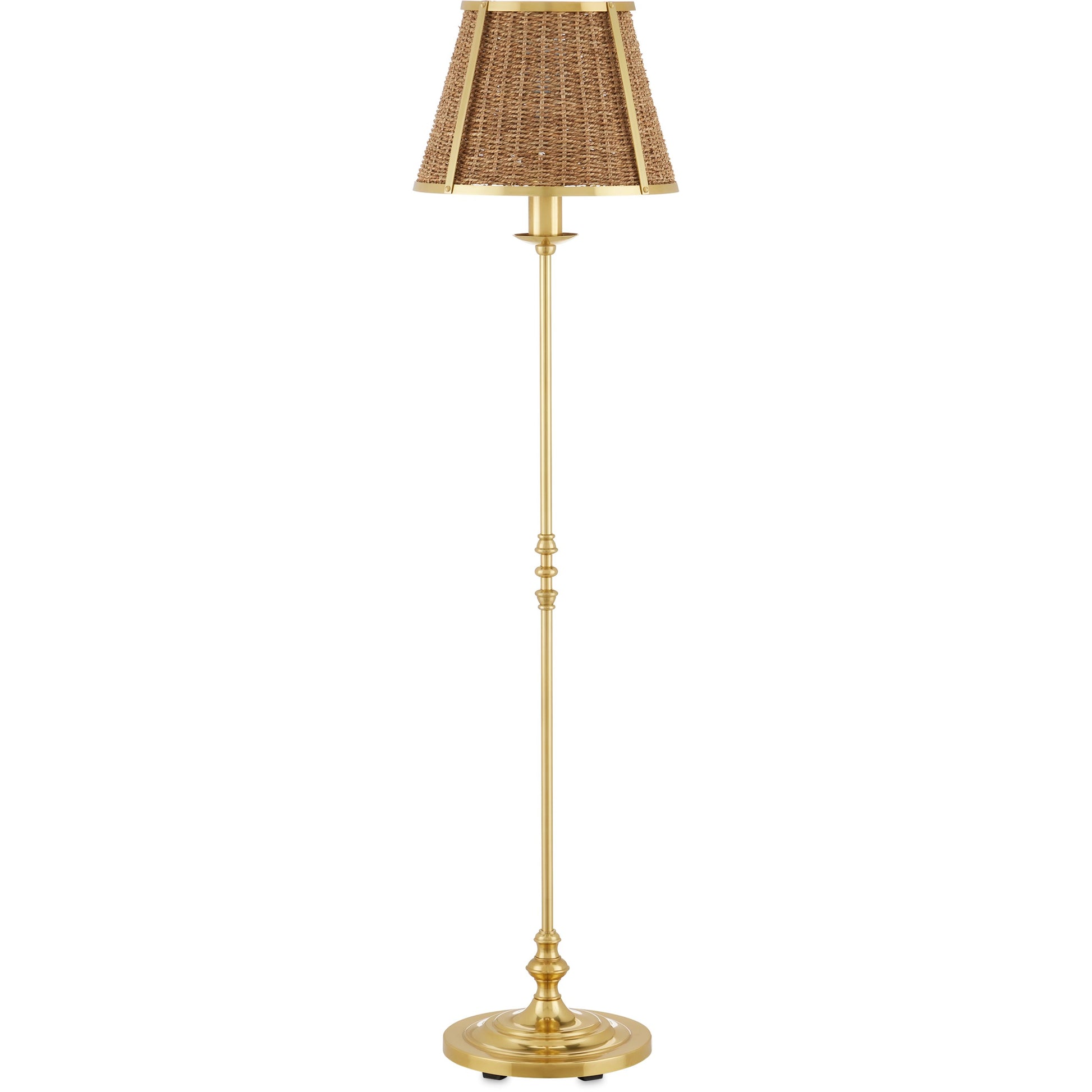 Deauville Floor Lamp by Currey and Company in polished brass, natural. Made from metal, seagrass in a cottage & farmhouse style.