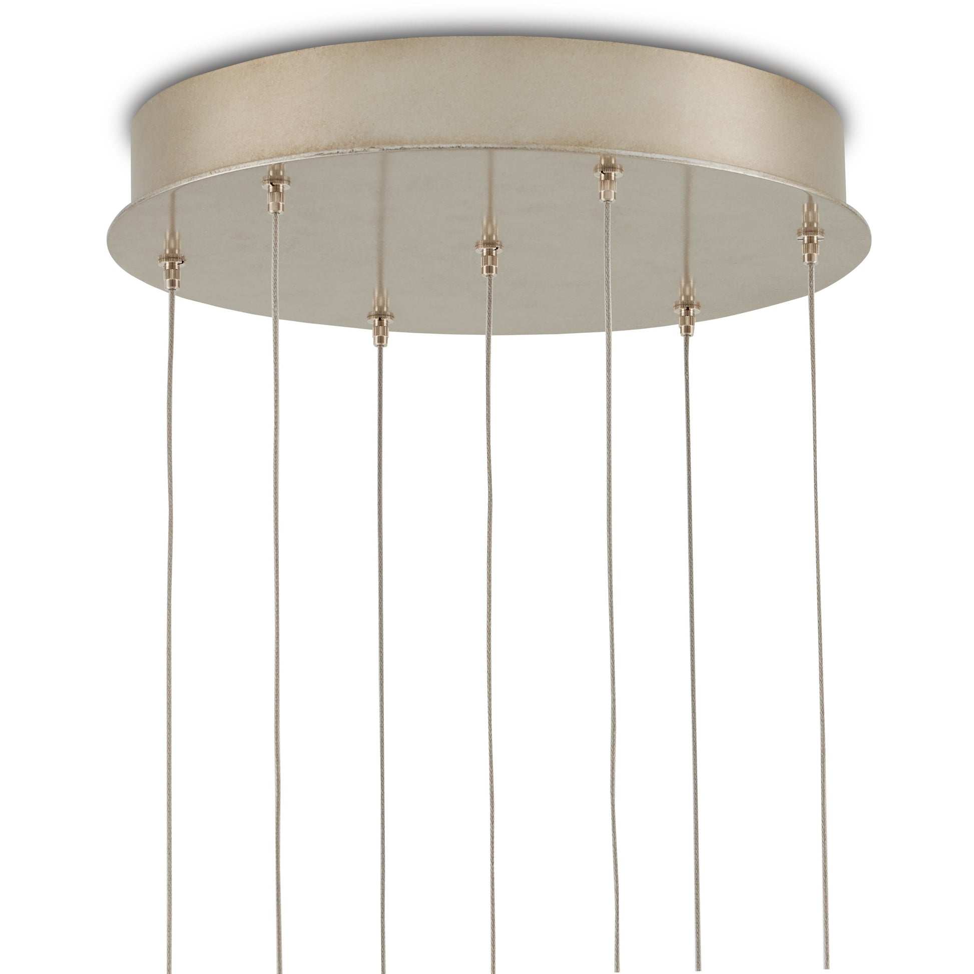 Daze 7-LIGHT Multi-Drop Pendant by Currey and Company in antique brass, white, painted silver. Made from frosted glass in a modern style.