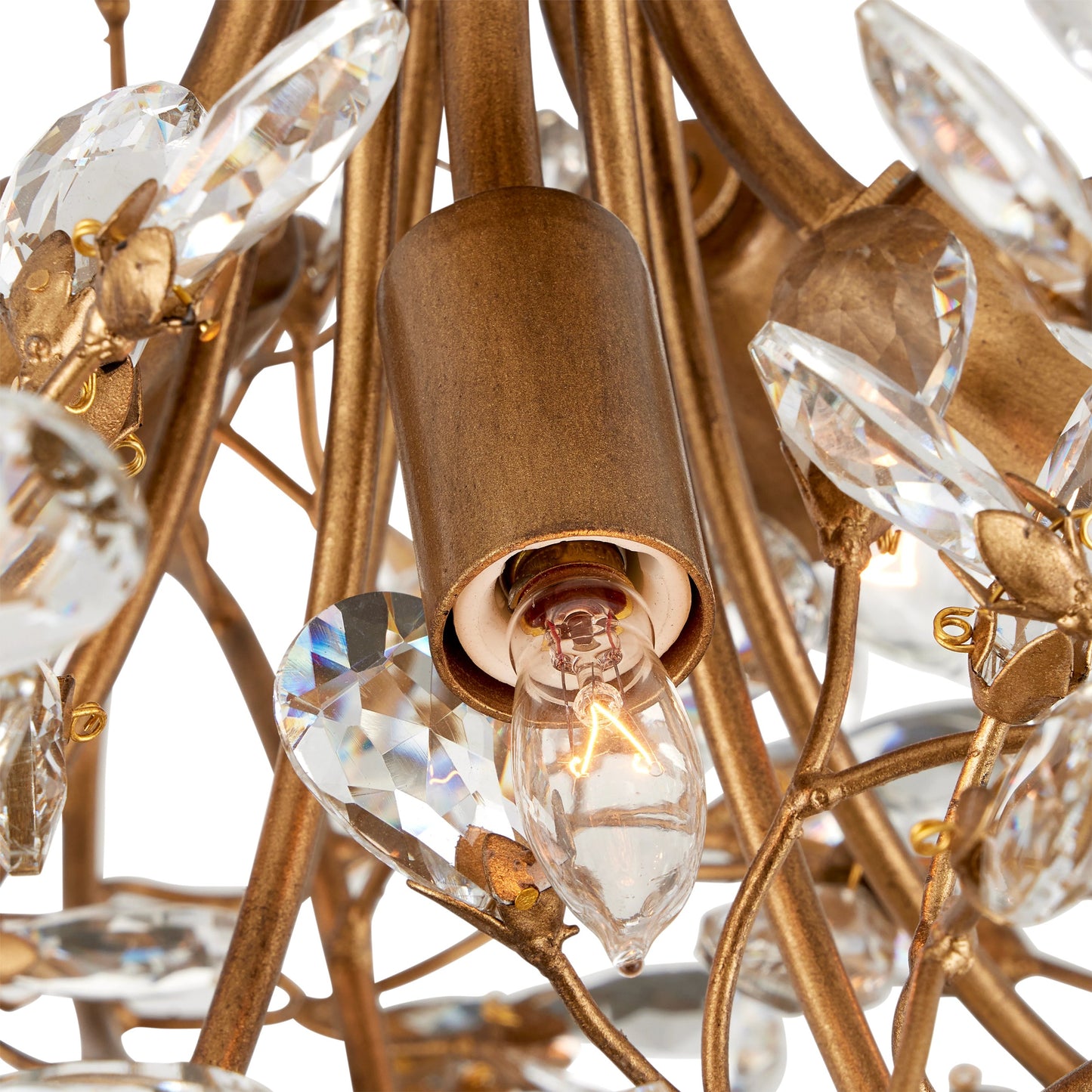 003 SI-2133894 | Closeup | Crystal Bud Semi-Flush Mount by Currey and Company in clear, brass. Made from crystal, wrought iron in a modern style.