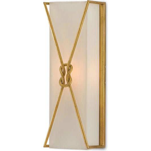 Ariadne Rectangular Wall Sconce by Currey and Company in contemporary gold leaf. Made from wrought iron in a modern style.