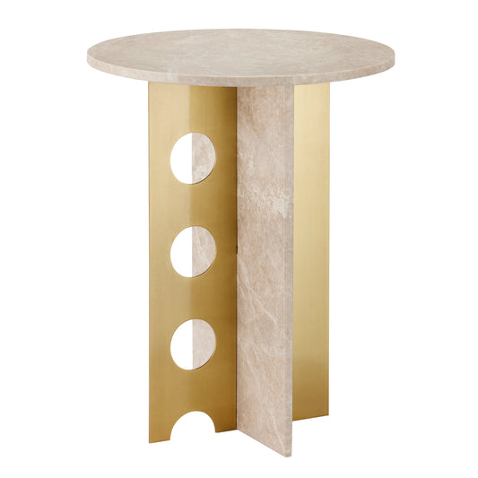 Selene Accent Table by Currey and Company in natural, polished brass. Made from stone, iron in a modern style.