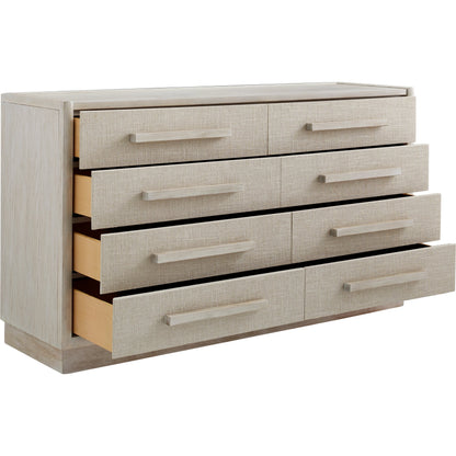 Cotiere Dresser in Beige Linen by A.R.T. Furniture in beige linen. Made from parawood solids, mixed split cathedral and quarter white oak veneers, fabric in a modern style.