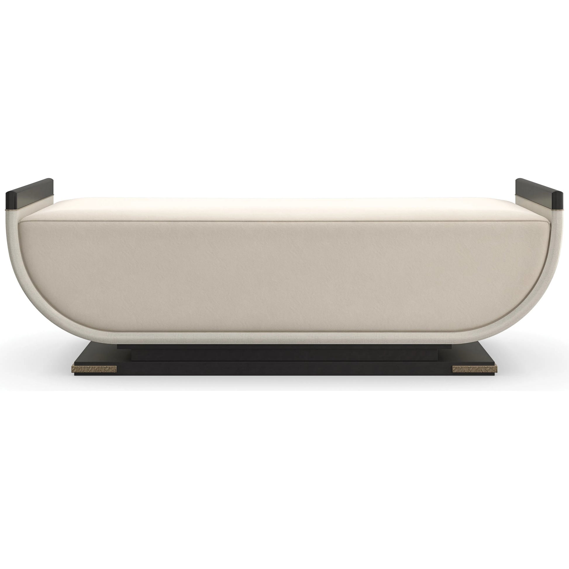 Crete End of Bed Bench by Caracole in ivory, gold and charred bark, brushed gold paint, ivory craze. Made from poplar, dyed makore in a unique style.