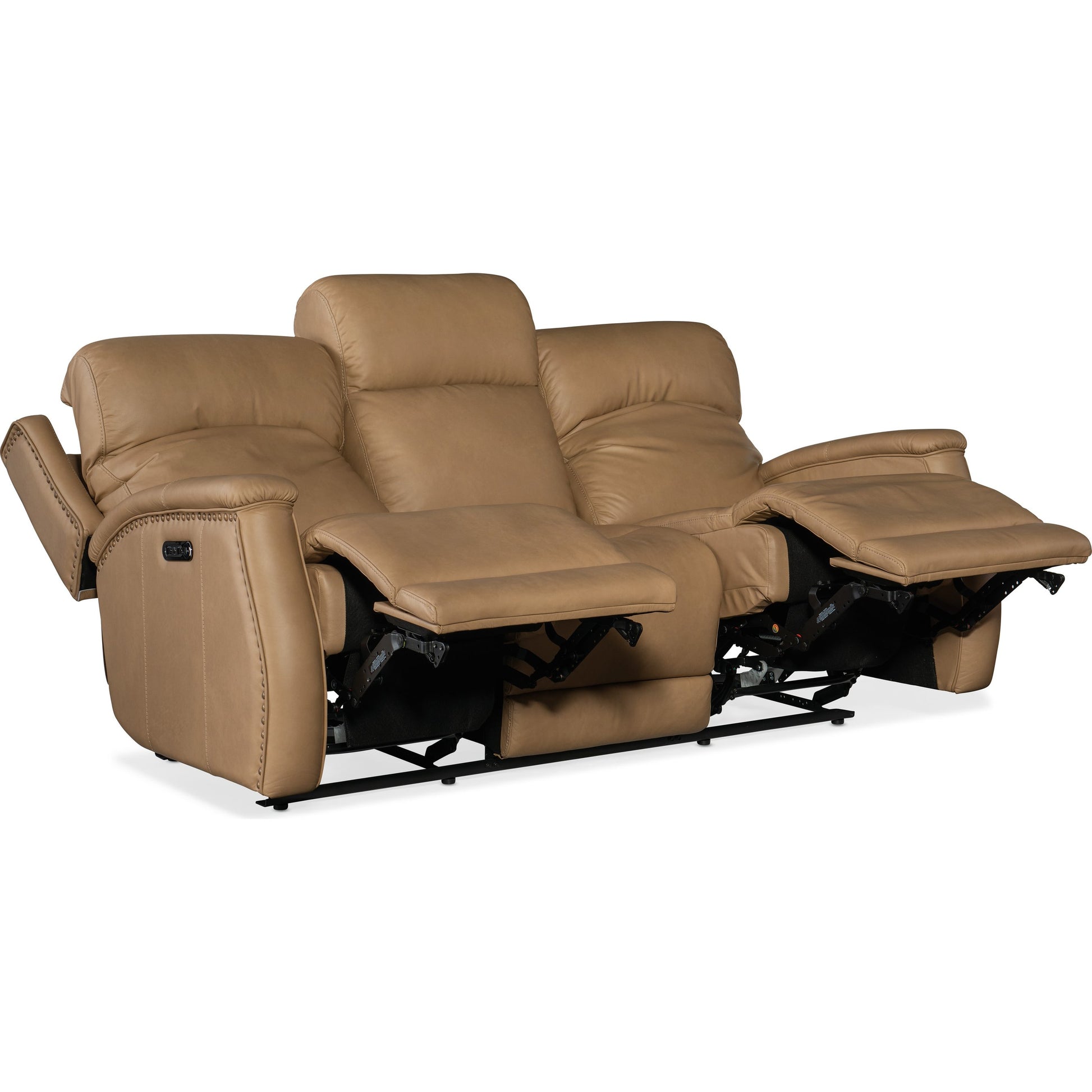 Rhea Zero Gravity Power Recline Sofa by Hooker Furniture in sahara ash. Made from leather in a traditional style.