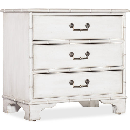 Charleston Three-Drawer Nightstand by Hooker Furniture in white heron. Made from wood, resin in a transitional style.