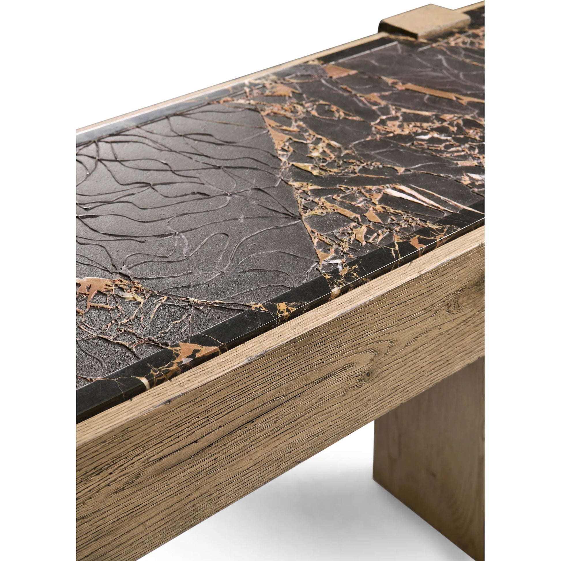 Echo Canyon Marble Console by Jonathan Charles in faded oak. Made from oak veneer in a cottage & farmhouse style.
