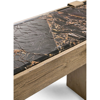 Echo Canyon Marble Console by Jonathan Charles in faded oak. Made from oak veneer in a cottage & farmhouse style.