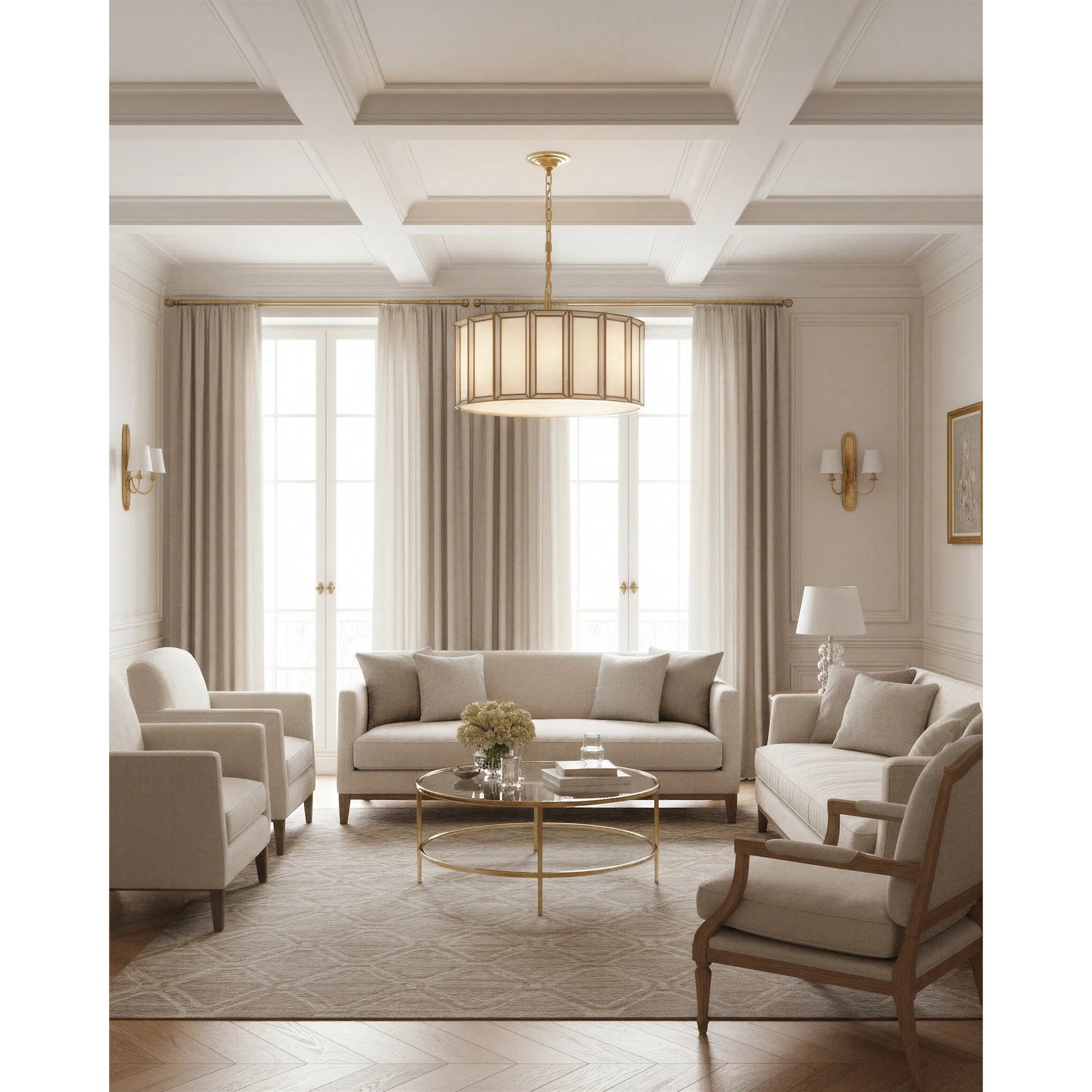 Daze Pendant by Currey and Company in antique brass, white. Made from brass, iron, milk glass in a modern style.