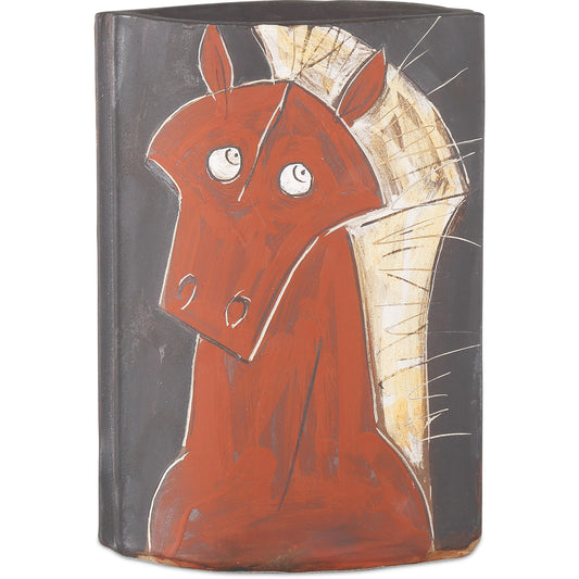 Artistic Horse Vase by Currey and Company in red, black, off-white. Made from porcelain in a modern style.