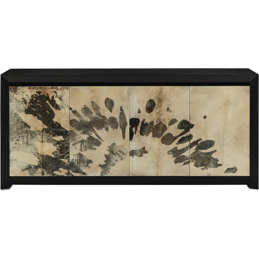 Karlson Credenza by Currey and Company in natural vellum, caviar black. Made from oak solids, veneer, natural vellum in a traditional style.