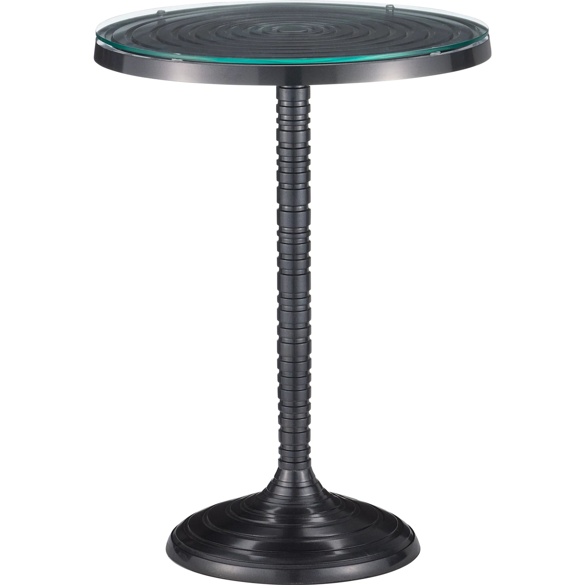 Erno Accent Table by Currey and Company in black nickel, clear. Made from cast aluminum, glass in a modern style.