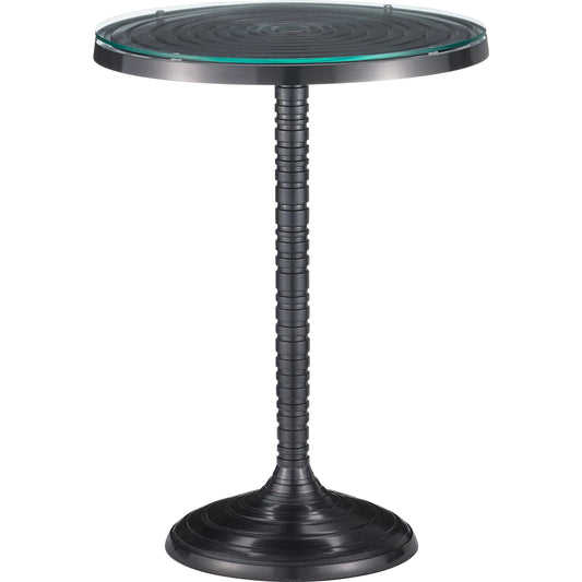 Erno Accent Table by Currey and Company in black nickel, clear. Made from cast aluminum, glass in a unique style.