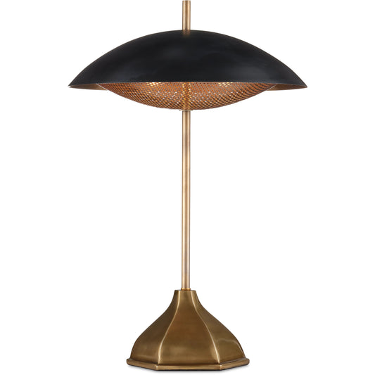 Domville Table Lamp by Currey and Company in antique brass, black. Made from aluminum in a modern style.