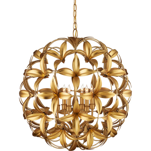 Helenium Orb Chandelier by Currey and Company in contemporary gold leaf, contemporary gold. Made from wrought iron in a modern style.