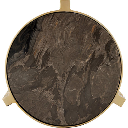 Corrado Cappuccino Marble Accent Table by Currey and Company in polished brass, natural. Made from iron, cappuccino marble in a modern style.