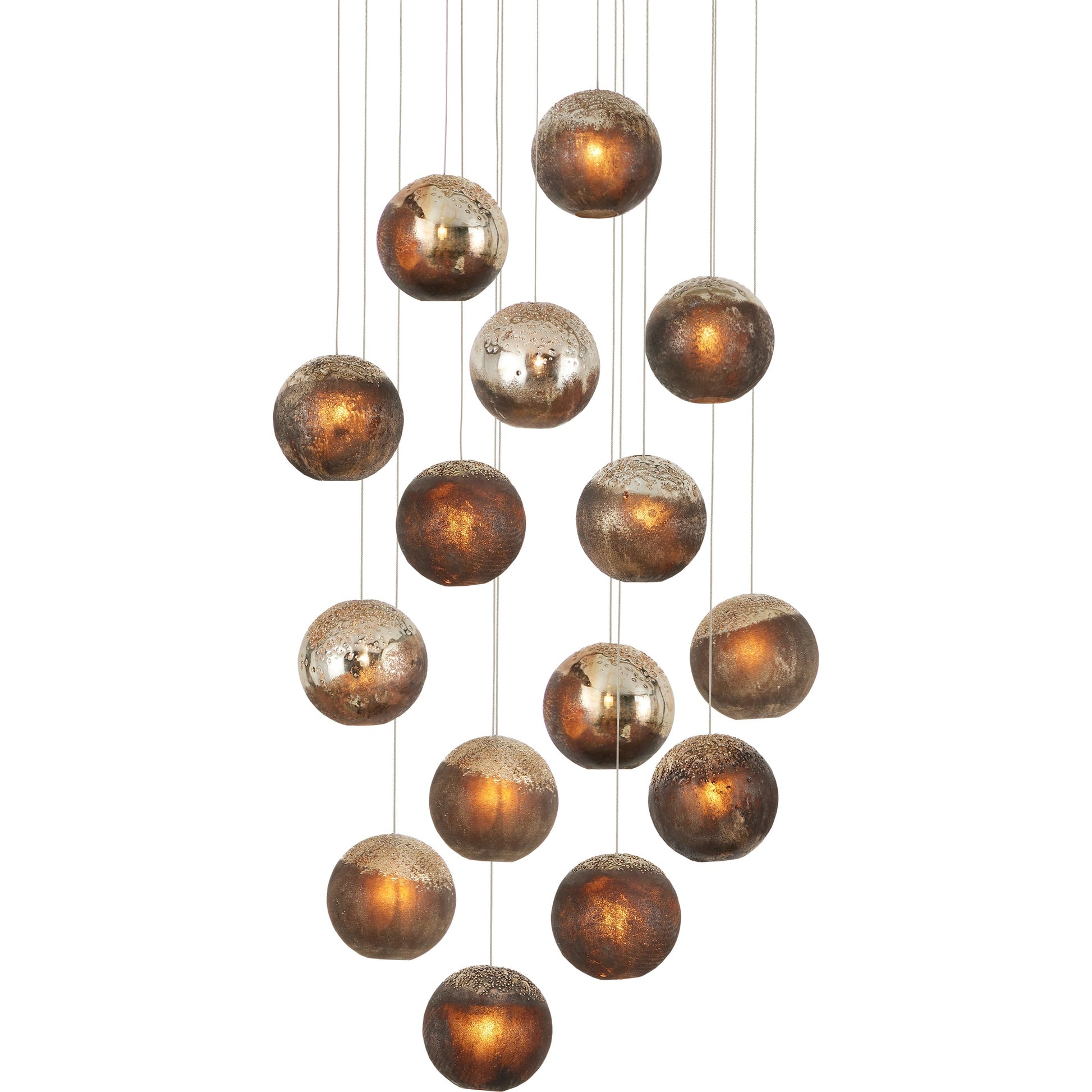 Pathos Round 15-LIGHT Multi-Drop Pendant by Currey and Company in antique silver, antique gold, matte charcoal, silver. Made from glass in a modern style.