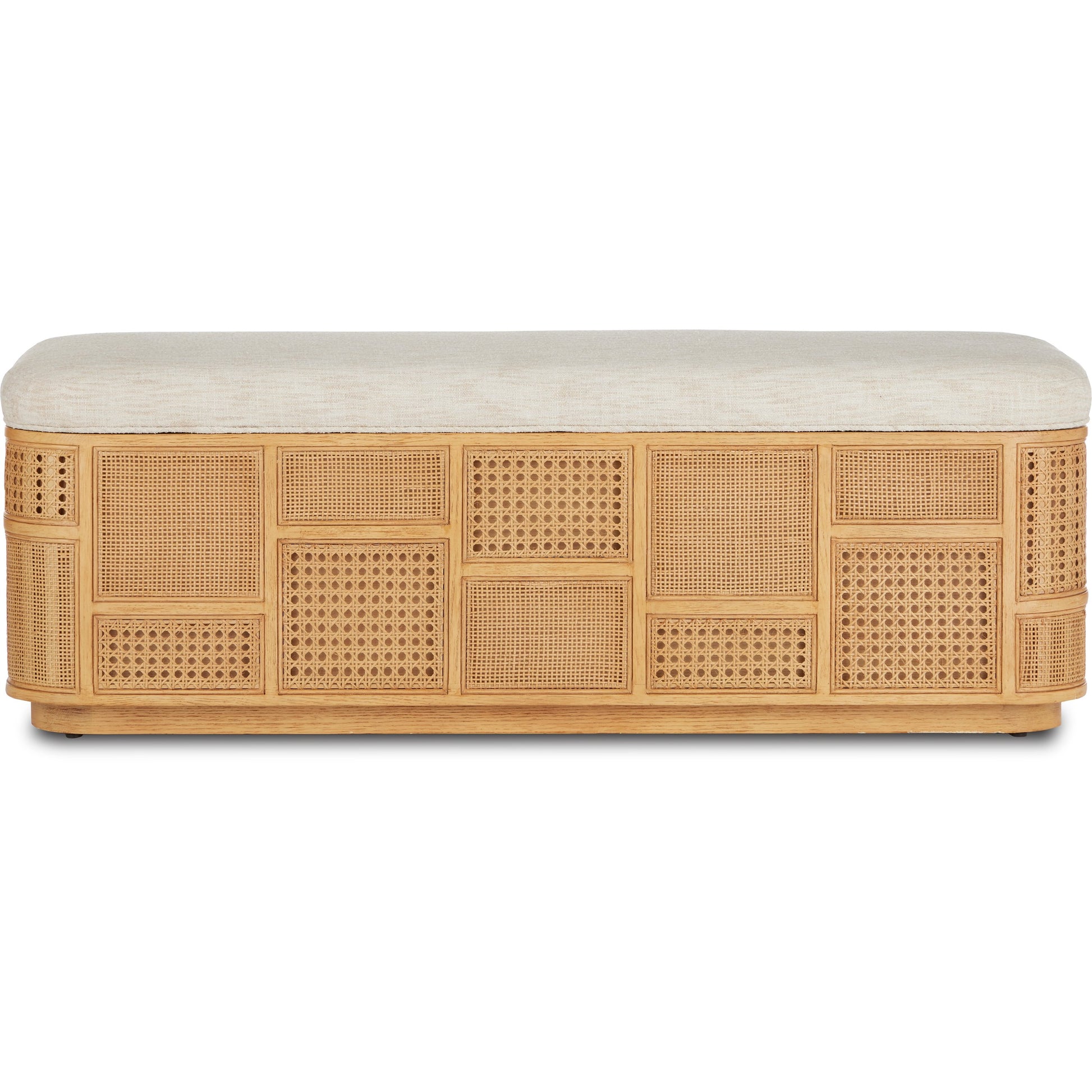 Anisa Parchment Storage Bench by Currey and Company. Made from oak, rattan weave in a cottage & farmhouse style.