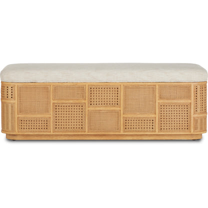 Anisa Parchment Storage Bench by Currey and Company. Made from oak, rattan weave in a cottage & farmhouse style.