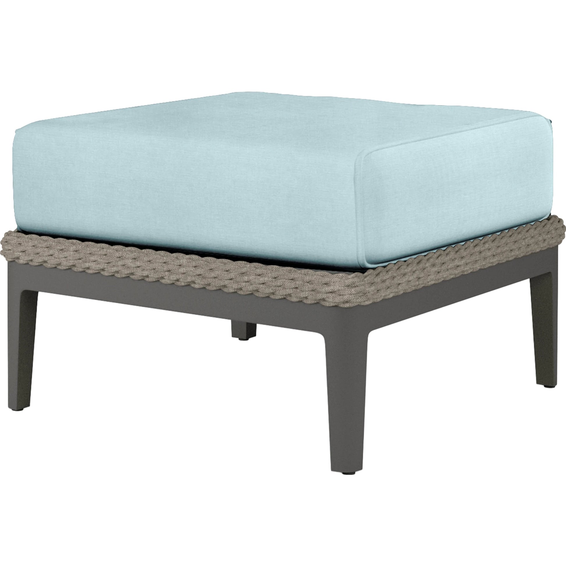 Marbella Outdoor Ottoman by Sunset West in graphite. Made from olefin rope in a modern style.