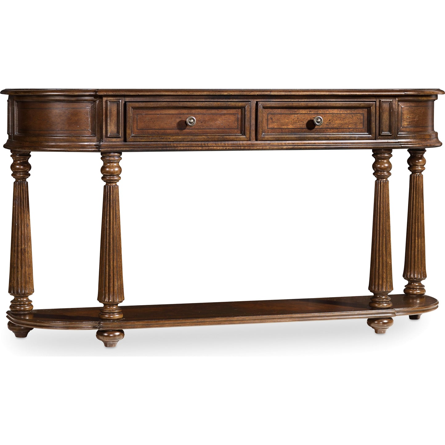 001 SI-1749105 | Primary Silo | Leesburg Demilune Hall Console by Hooker Furniture in mahogany. Made from grain, swirl mahogany, ebony veneers in a traditional style.
