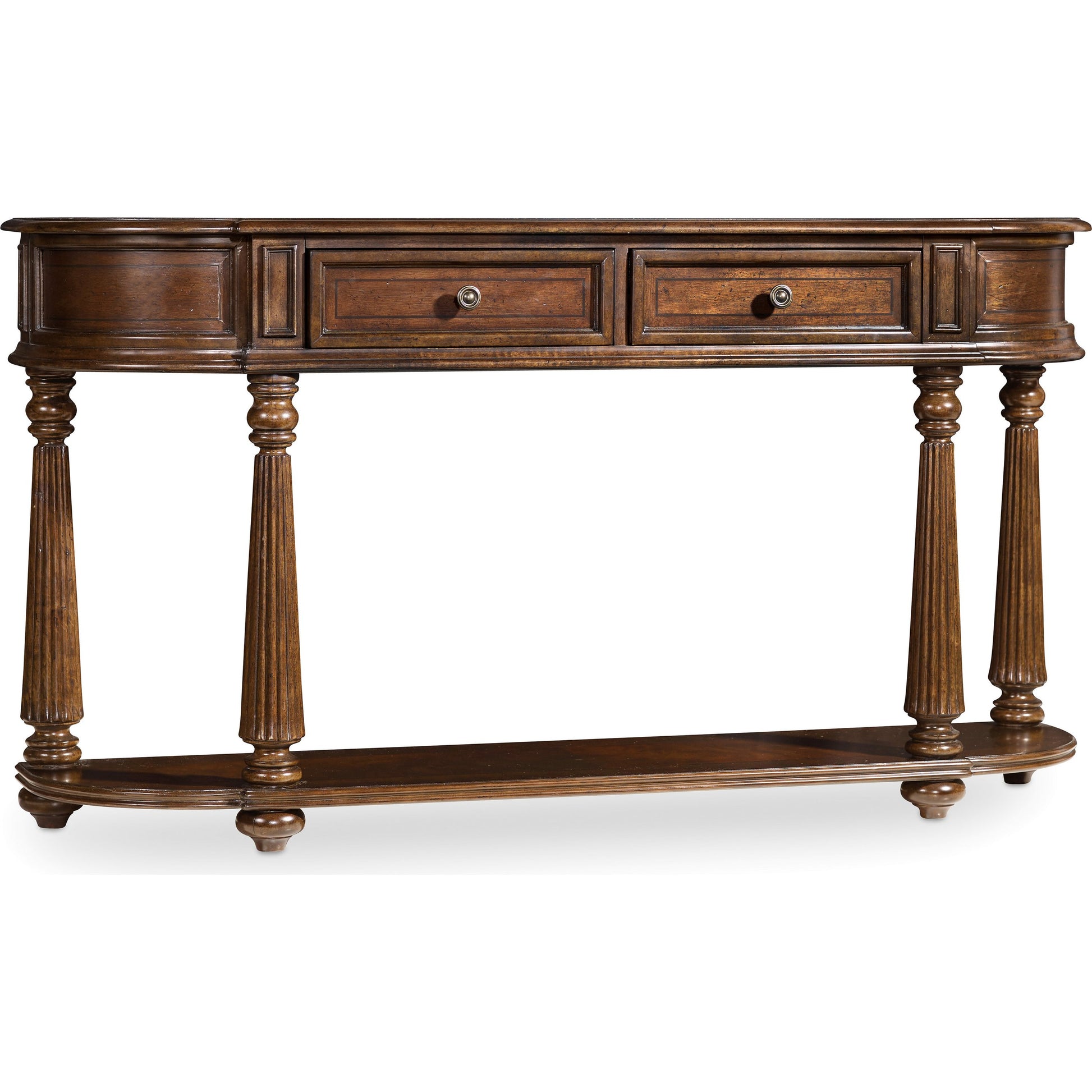 Leesburg Demilune Hall Console by Hooker Furniture in mahogany. Made from grain, swirl mahogany, ebony veneers in a traditional style.