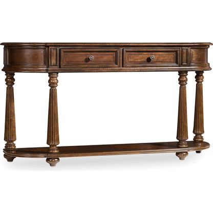 Leesburg Demilune Hall Console by Hooker Furniture in mahogany. Made from grain, swirl mahogany, ebony veneers in a traditional style.
