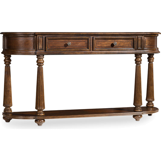 Leesburg Demilune Hall Console by Hooker Furniture in mahogany. Made from grain, swirl mahogany, ebony veneers in a unique style.