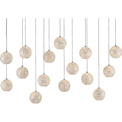 Finhorn Linear Pendant by Currey and Company in painted silver, pearl. Made from metal, mother of pearl in a modern style.