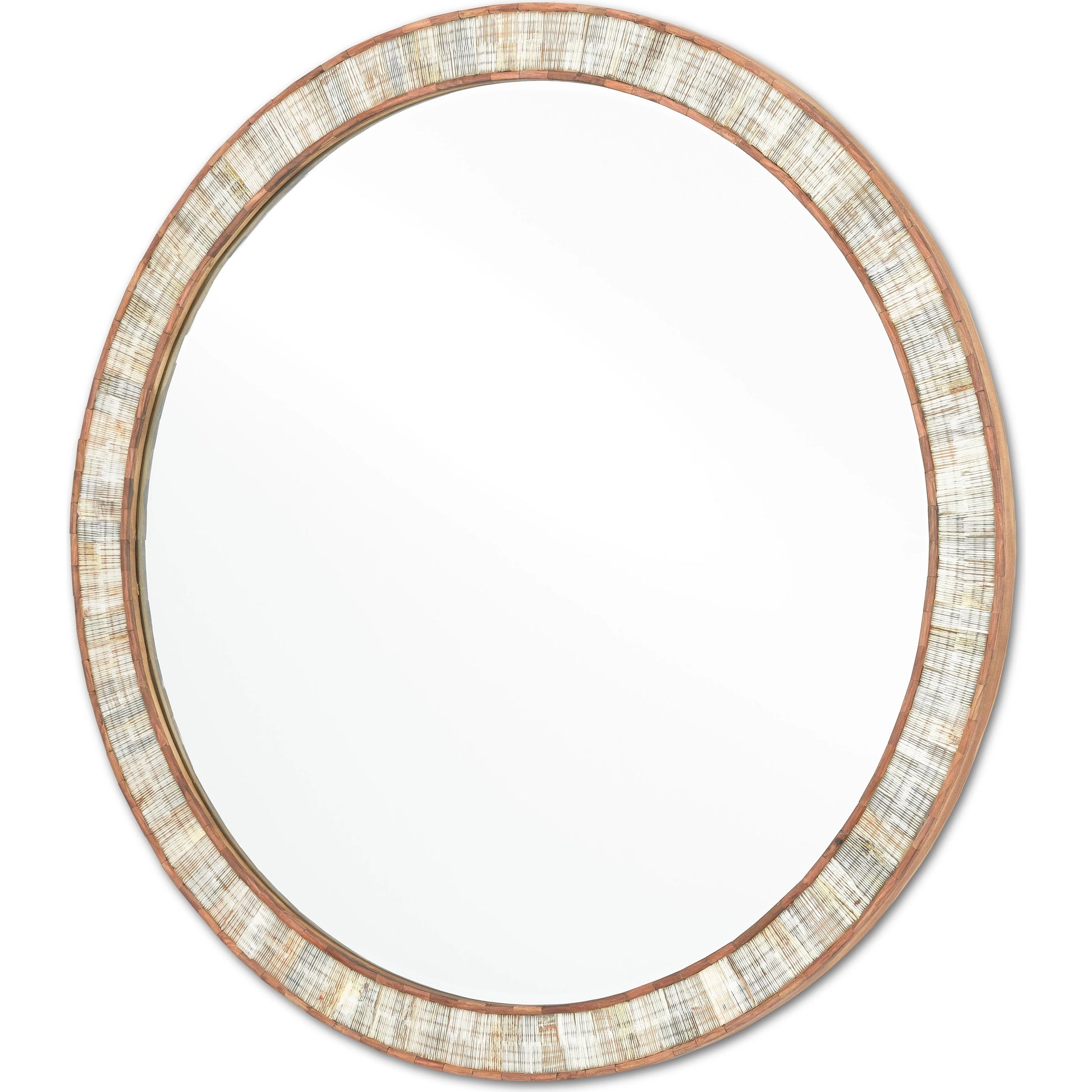 Hyson Round Mirror by Currey and Company in natural, mirror. Made from horn, sheesham wood, engineered hardwood, glass in a coastal style.