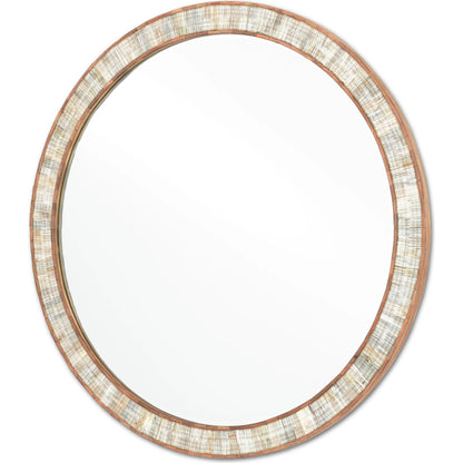 Hyson Round Mirror by Currey and Company in natural, mirror. Made from horn, sheesham wood, engineered hardwood, glass in a coastal style.