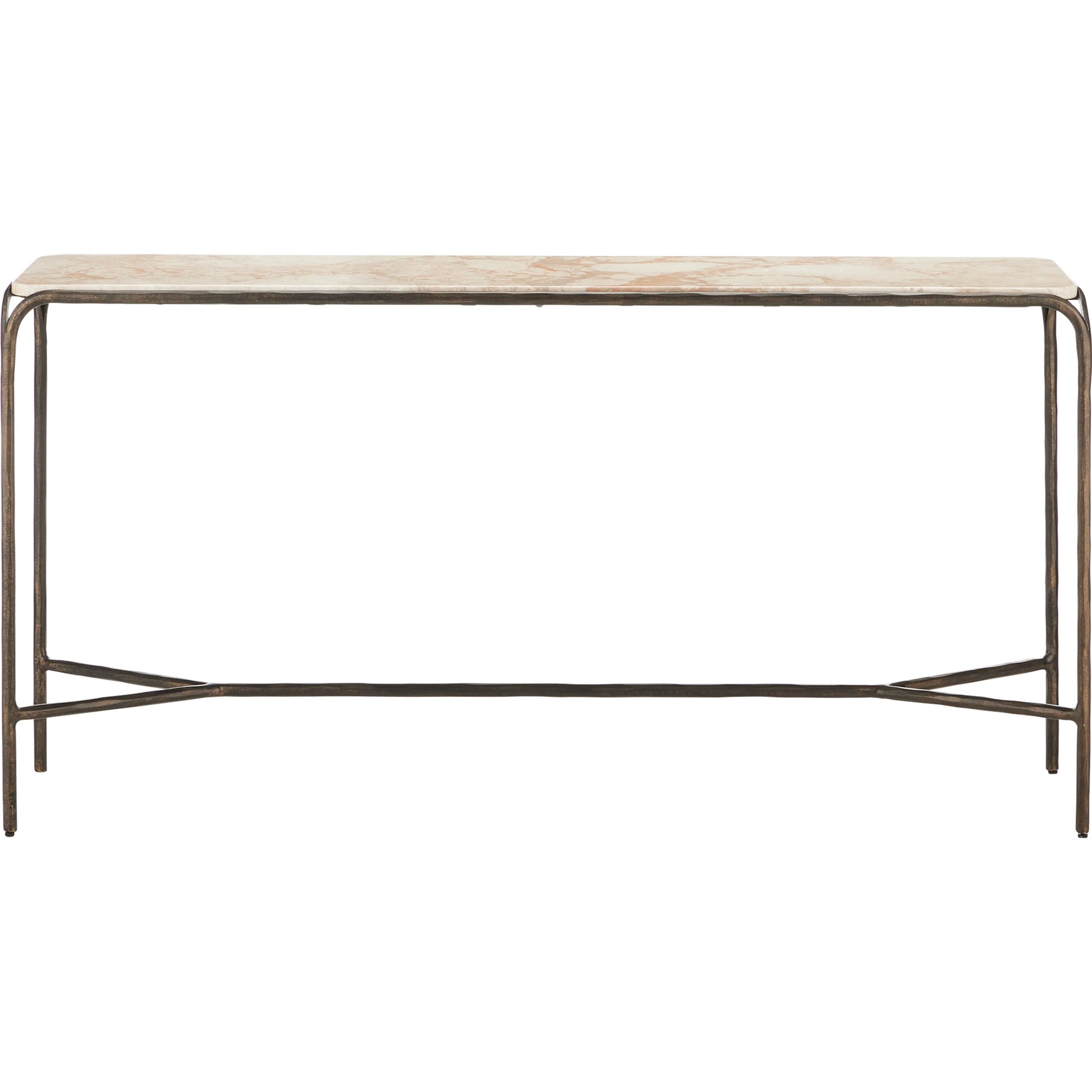 Crema Console Table by Currey and Company in natural, bronze. Made from marble, iron in a modern style.