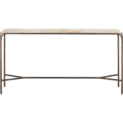 Crema Console Table by Currey and Company in natural, bronze. Made from marble, iron in a modern style.