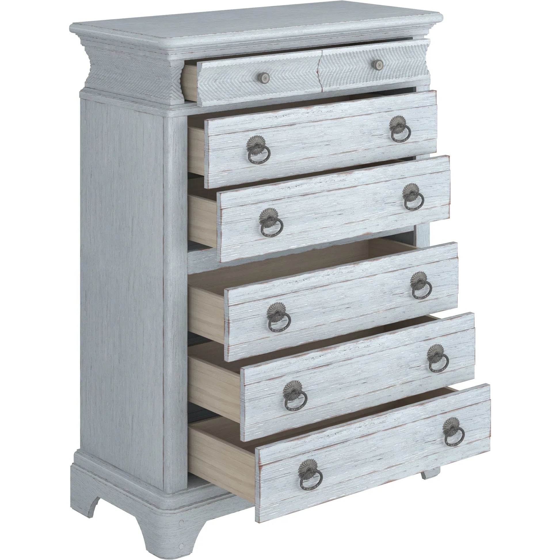 Summer Creek 8 Drawer Chest by A.R.T. Furniture in shutter blue. Made from flakey cathedral oak veneer, parawood solids in a cottage & farmhouse style.