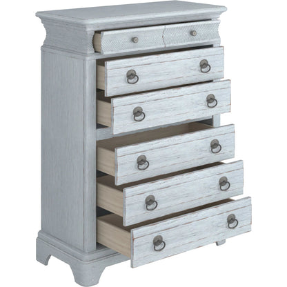 Summer Creek 8 Drawer Chest by A.R.T. Furniture in shutter blue. Made from flakey cathedral oak veneer, parawood solids in a cottage & farmhouse style.