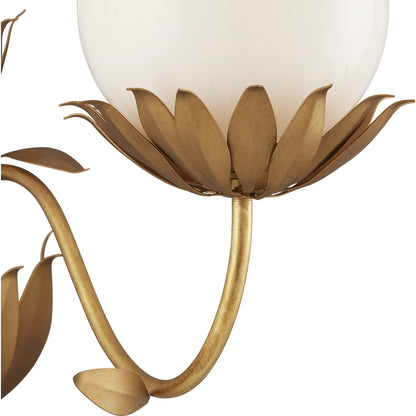 Mirasole Wall Sconce by Currey and Company in contemporary gold leaf, white. Made from wrought iron, glass in a traditional style.