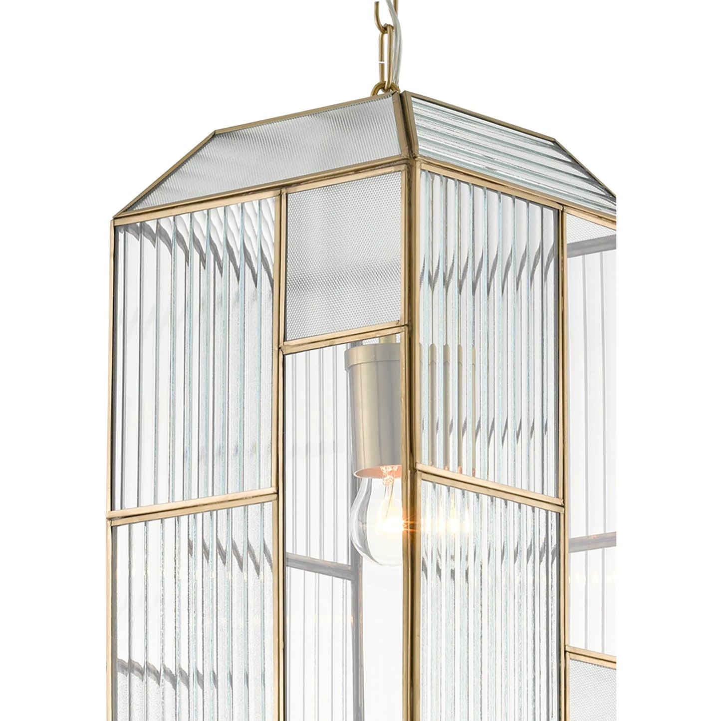 004 SR-912583 | Closeup | Bardolph Pendant by Currey and Company in antique brass. Made from iron, glass in a transitional style.