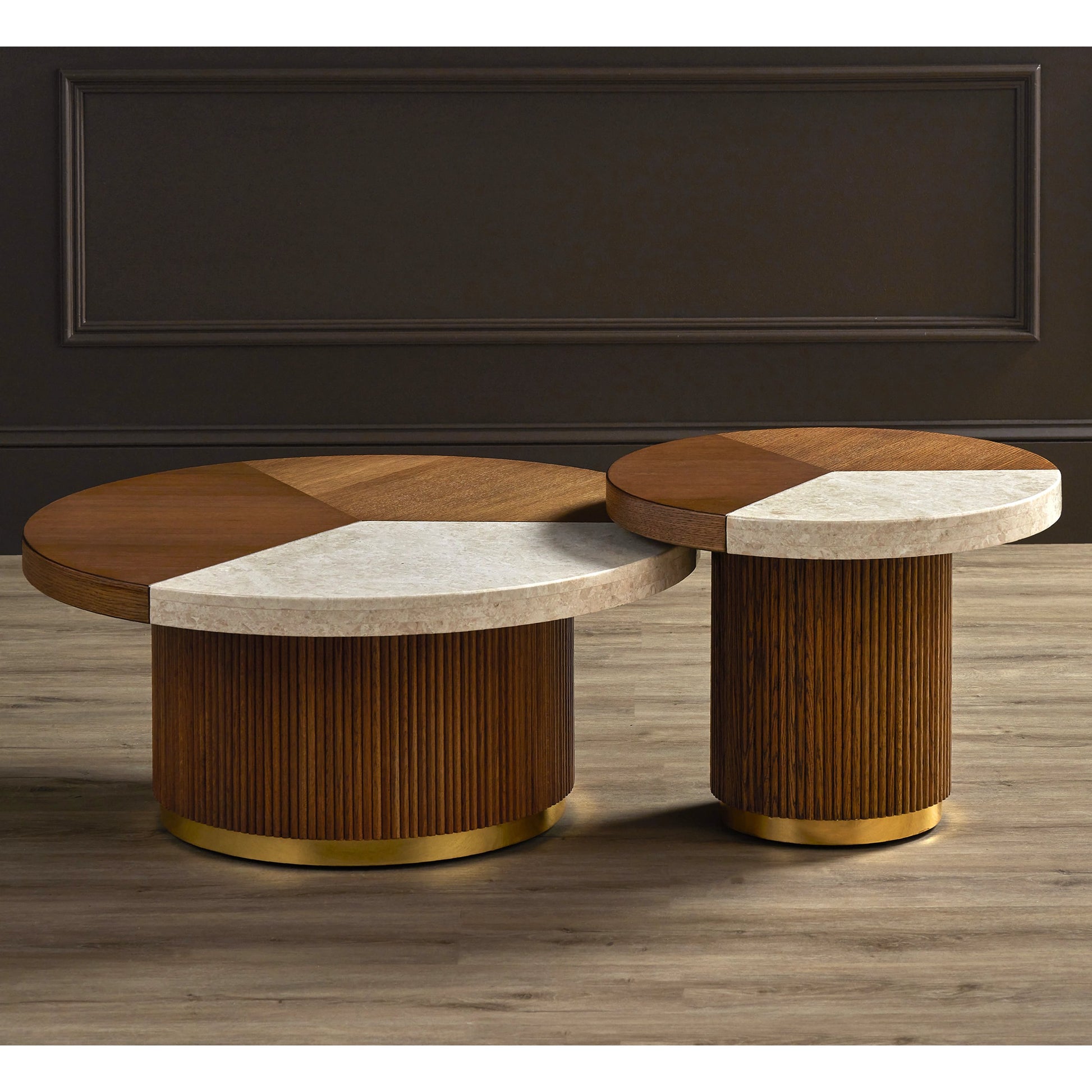 Dakota Cocktail Table by Currey and Company in morel brown, natural, polished brass. Made from oak, crema marfil marble, brass in a modern style.