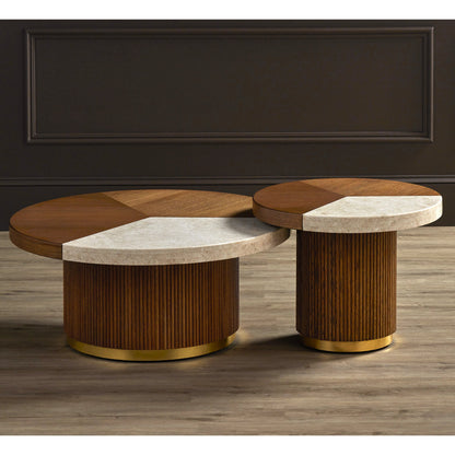 Dakota Cocktail Table by Currey and Company in morel brown, natural, polished brass. Made from oak, crema marfil marble, brass in a modern style.