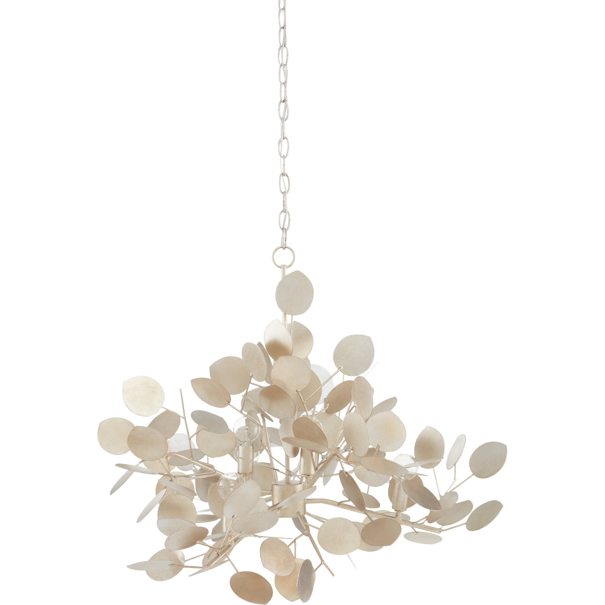 Lunaria Chandelier by Currey and Company in contemporary silver leaf. Made from wrought iron in a transitional style.