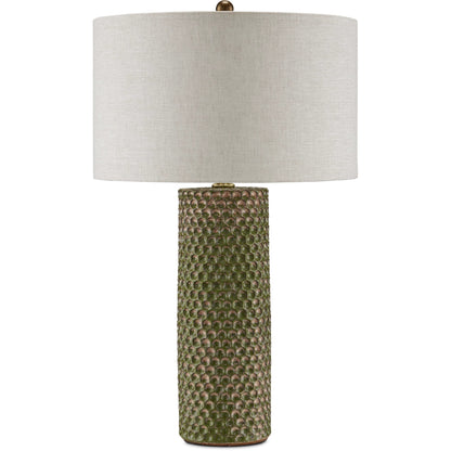 Polka Dot Table Lamp by Currey and Company in reactive blue, polished brass. Made from ceramic in a modern style.