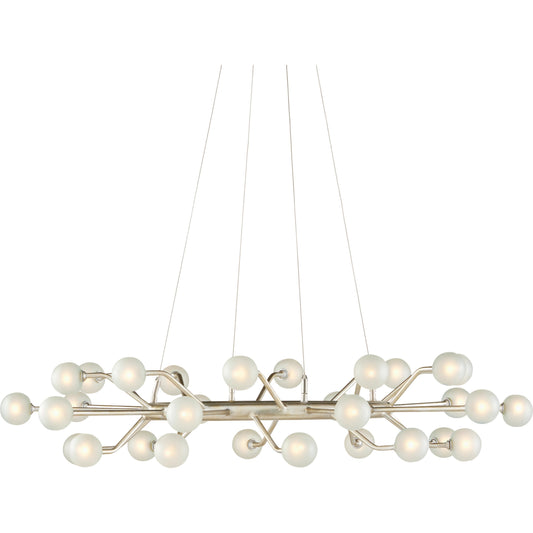 Chaldea Chandelier by Currey and Company in contemporary silver leaf, frosted. Made from wrought iron, recycled glass ball in a modern style.
