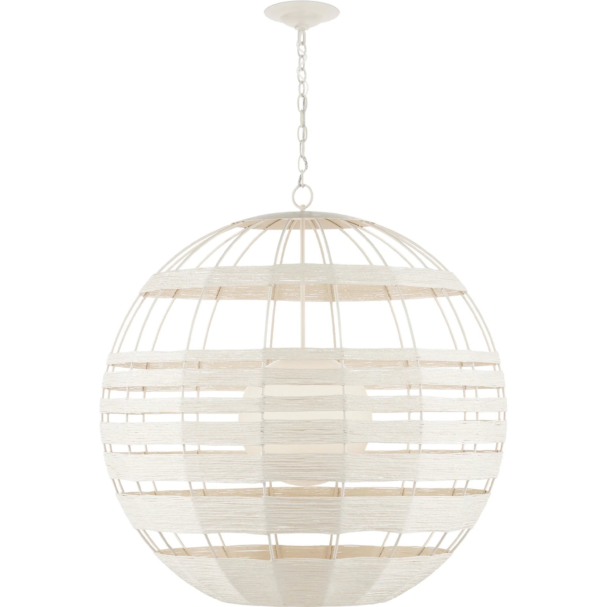 Lapsley Orb Chandelier by Currey and Company in vanilla, white. Made from wrought iron, kraft paper twine, frosted glass in a modern style.