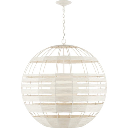 Lapsley Orb Chandelier by Currey and Company in vanilla, white. Made from wrought iron, kraft paper twine, frosted glass in a modern style.