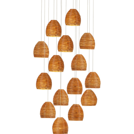 Beehive Round 15-LIGHT Multi-Drop Pendant by Currey and Company in natural rattan, silver. Made from rattan, wood in a modern style.